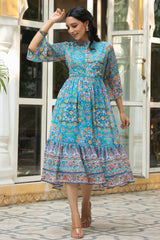 Aqua Blue Geometric Printed Chiffon Tiered Maxi Dress With Buttons.-2535AAQUA