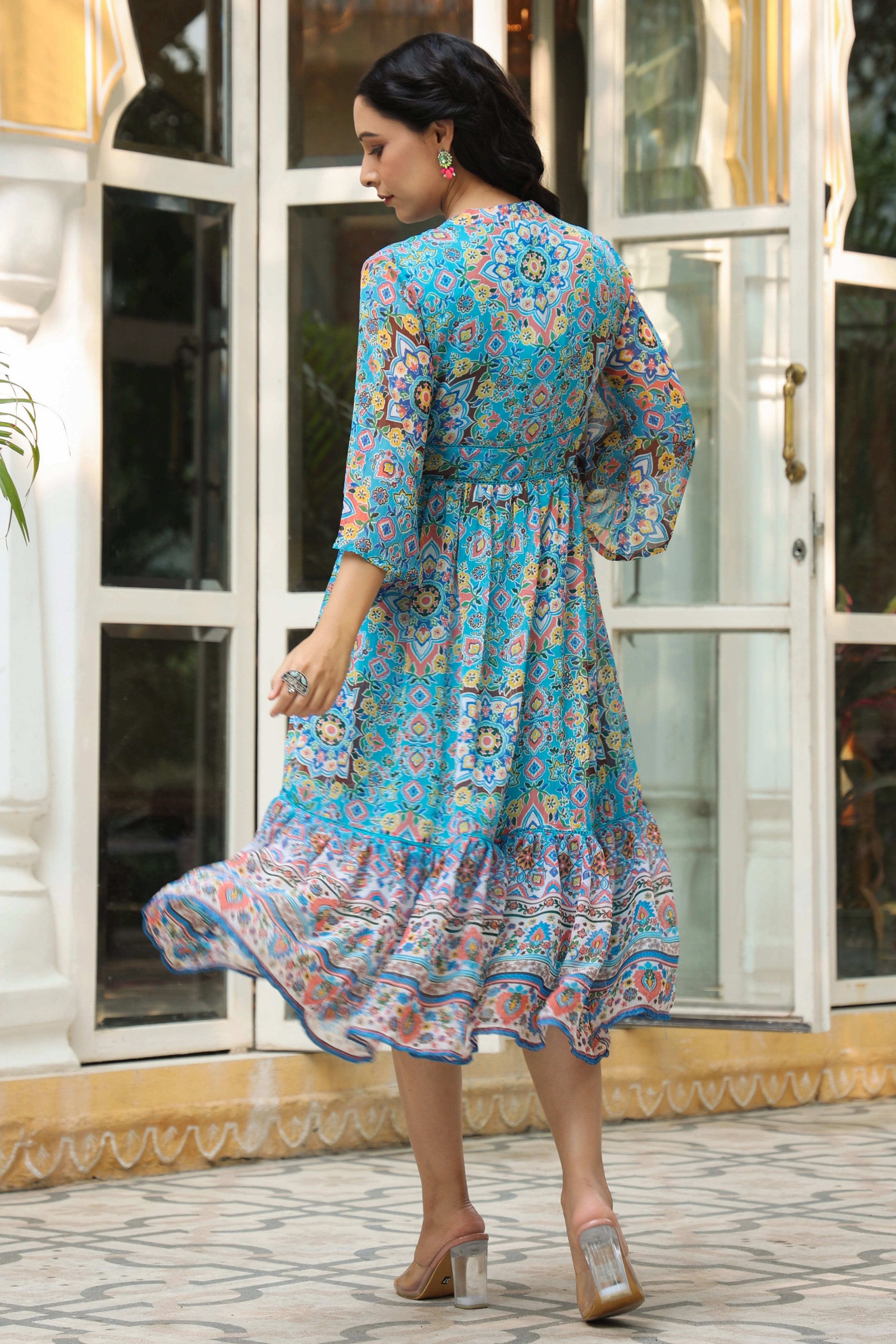 Aqua Geometric Chiffon Maxi Dress | Indian Dresses