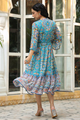 Aqua Blue Geometric Printed Chiffon Tiered Maxi Dress With Buttons.-2535AAQUA