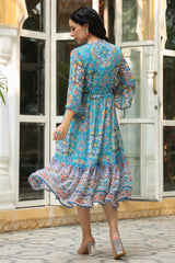 Aqua Blue Geometric Printed Chiffon Tiered Maxi Dress With Buttons.-2535AAQUA