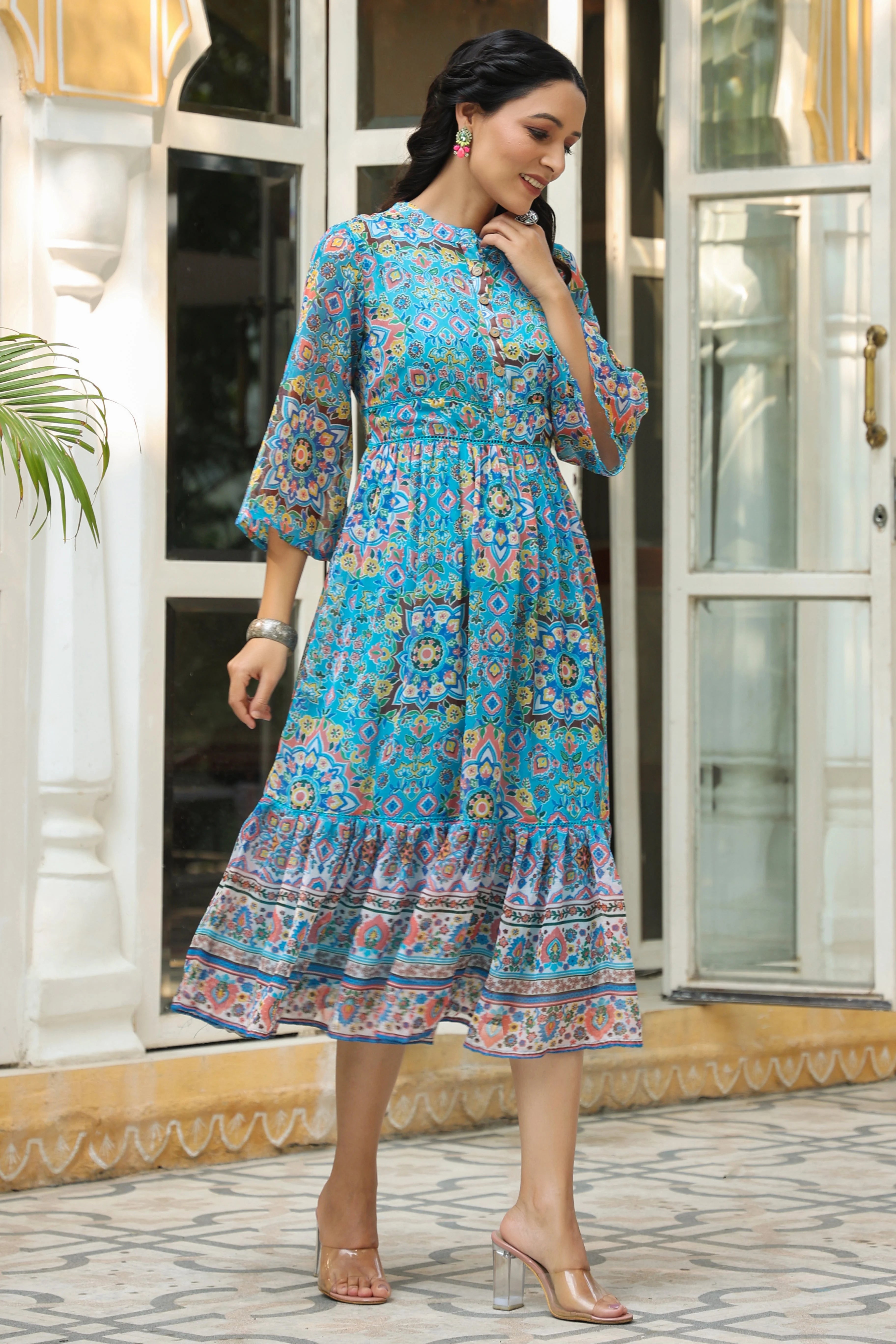 Aqua Geometric Chiffon Maxi Dress | Indian Dresses