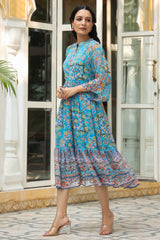 Aqua Blue Geometric Printed Chiffon Tiered Maxi Dress With Buttons.-2535AAQUA