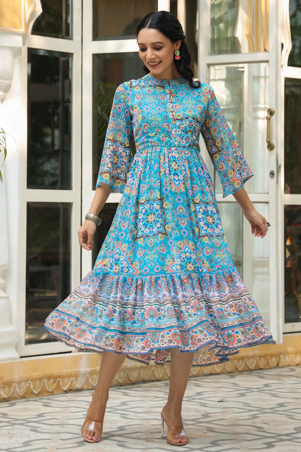 Aqua Blue Geometric Printed Chiffon Tiered Maxi Dress With Buttons.-2535AAQUA