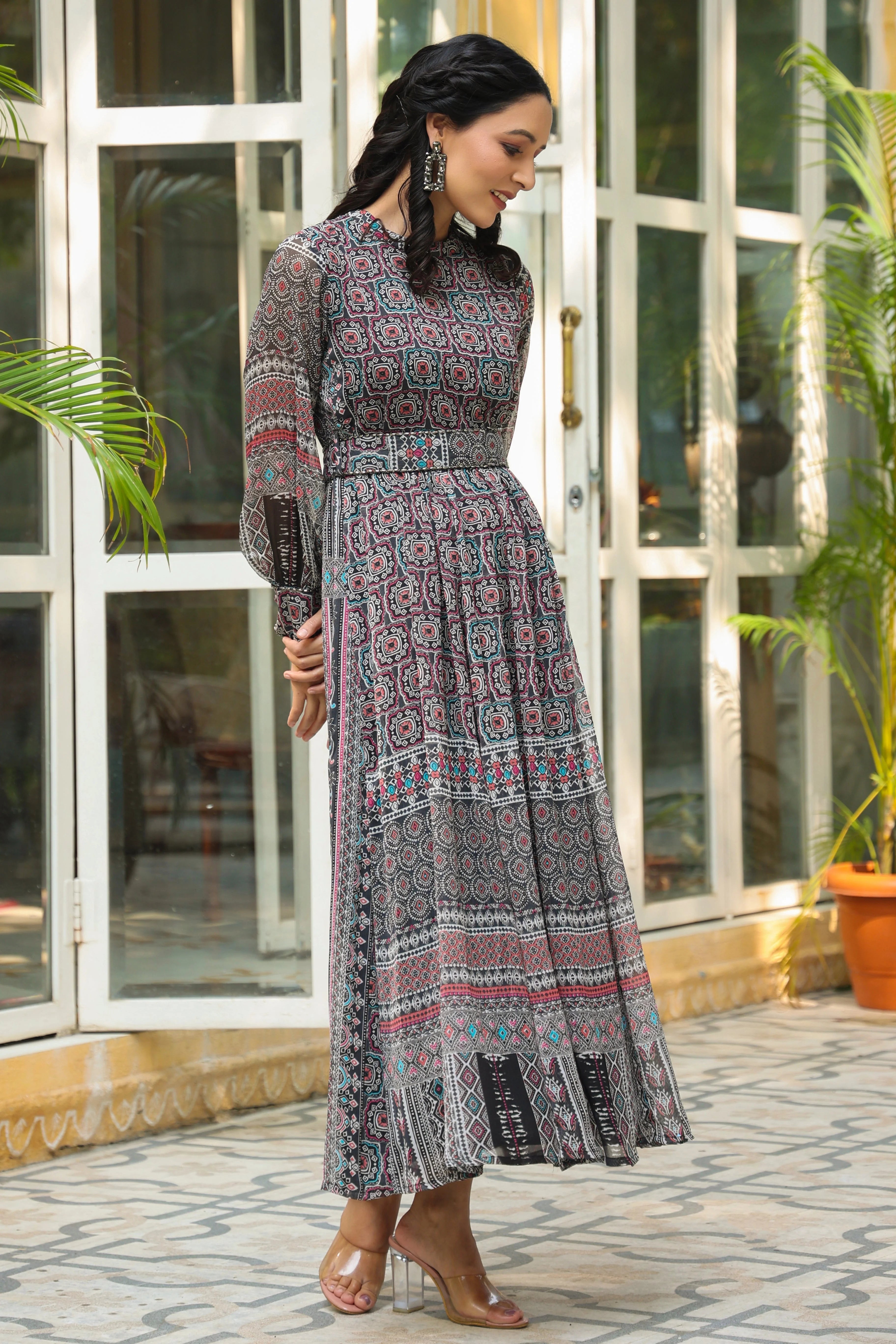Black Geometric Indian Dresses - Chiffon Flared Maxi Dress