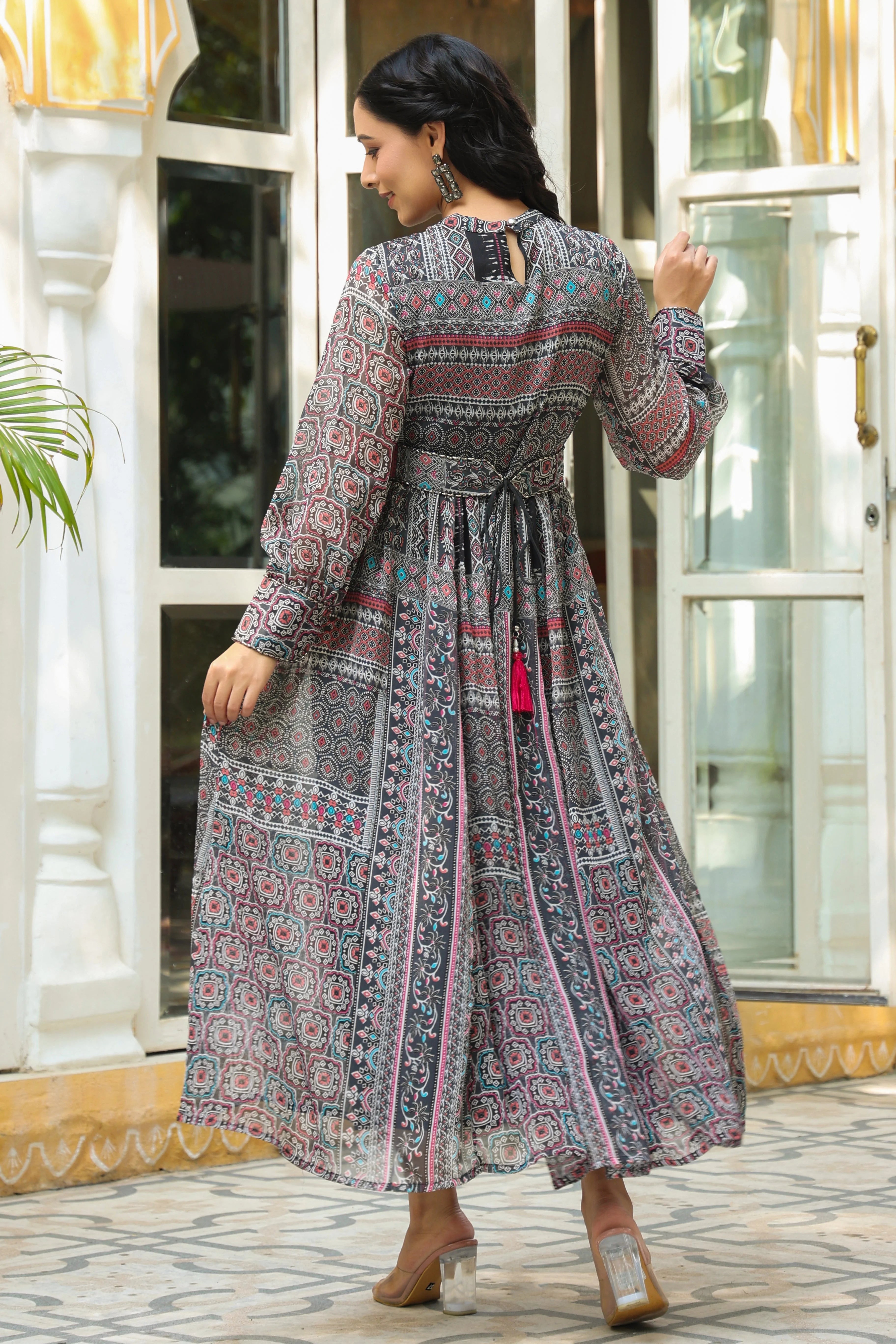 Black Geometric Indian Dresses - Chiffon Flared Maxi Dress