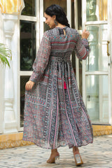 Black Geometric Printed Chiffon Flared Maxi Dress With Buttons.-2536BLACK