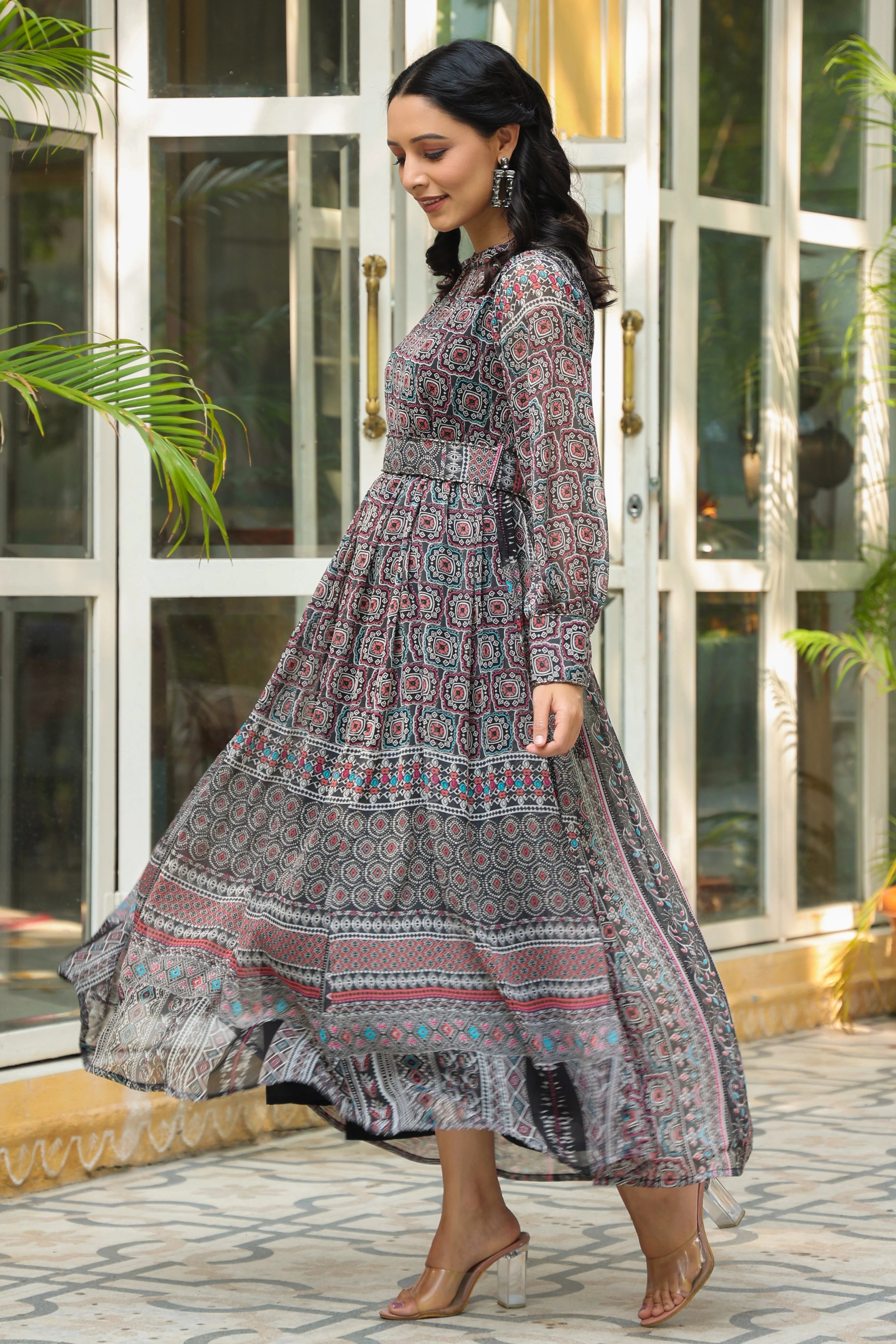 Black Geometric Indian Dresses - Chiffon Flared Maxi Dress