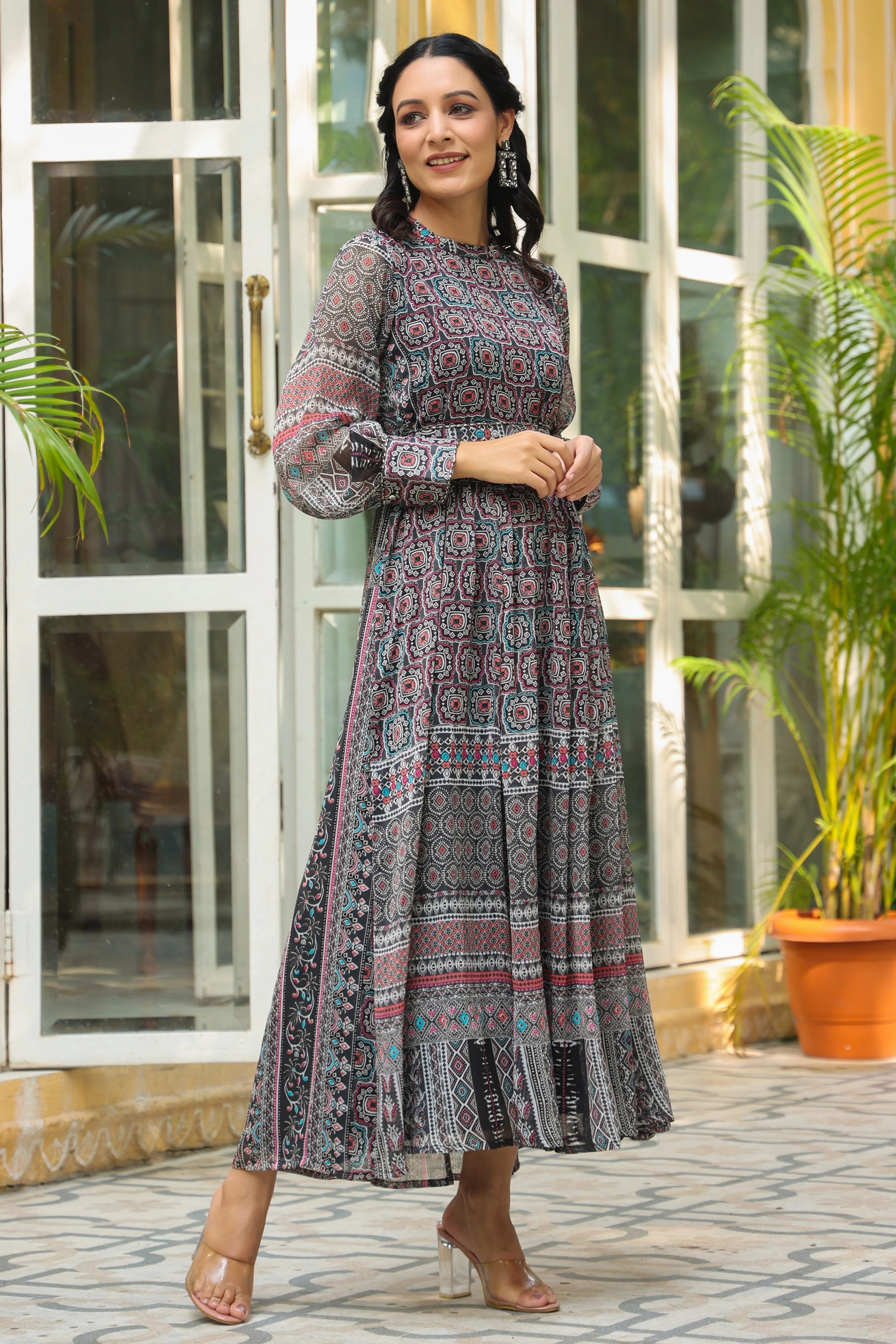 Black Geometric Indian Dresses - Chiffon Flared Maxi Dress