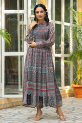 Black Geometric Printed Chiffon Flared Maxi Dress With Buttons.-2536BLACK