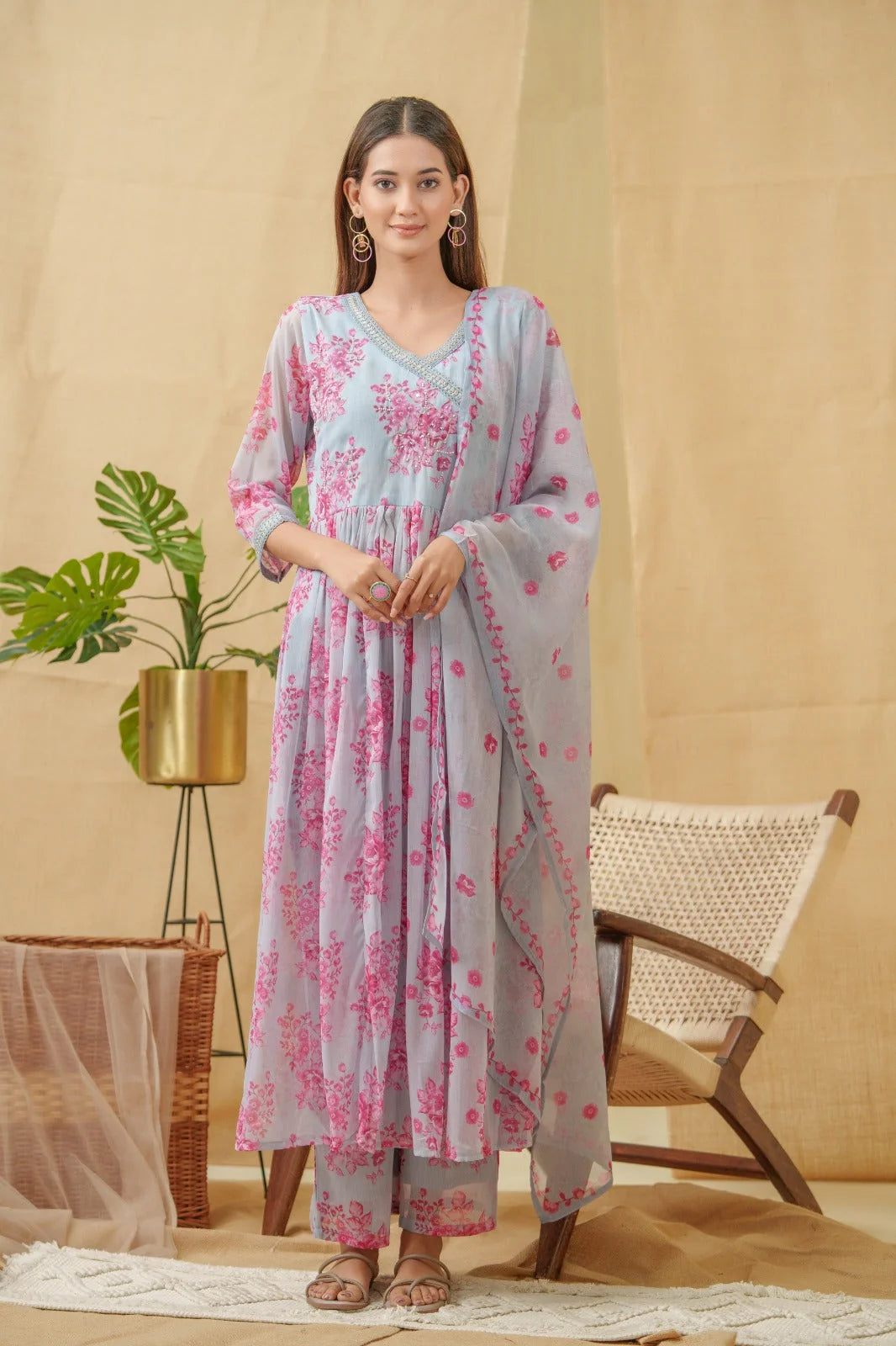 Chhifon Fabric Lavender colour Top Bottom Dupatta Set