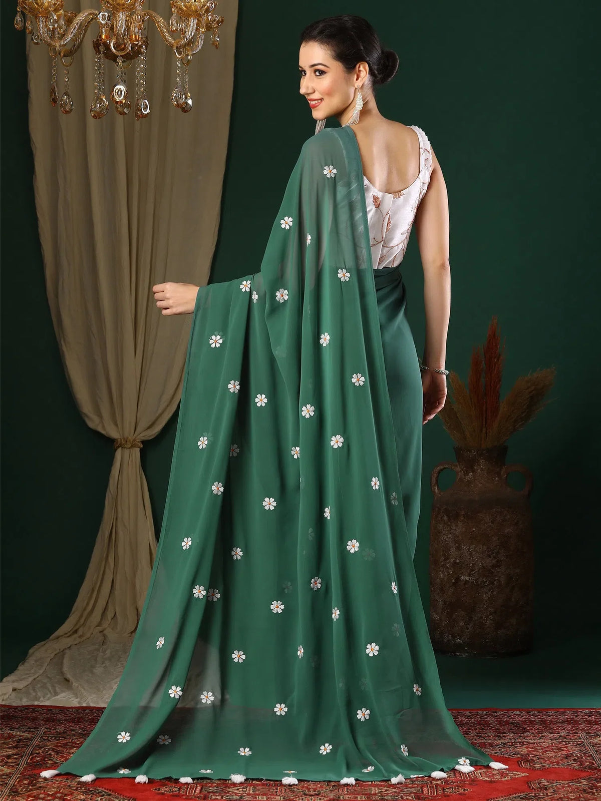 Women's Georgette Green Embroidered Designer Saree With Blouse Piece-25KAVI2502
