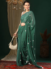 Women's Georgette Green Embroidered Designer Saree With Blouse Piece-25KAVI2502
