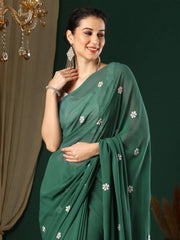 Women's Georgette Green Embroidered Designer Saree With Blouse Piece-25KAVI2502