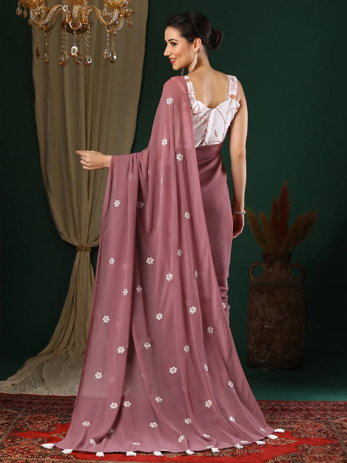 Women's Georgette Rose Gold Embroidered Designer Saree With Blouse Piece-25KAVI2505