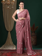 Women's Georgette Rose Gold Embroidered Designer Saree With Blouse Piece-25KAVI2505