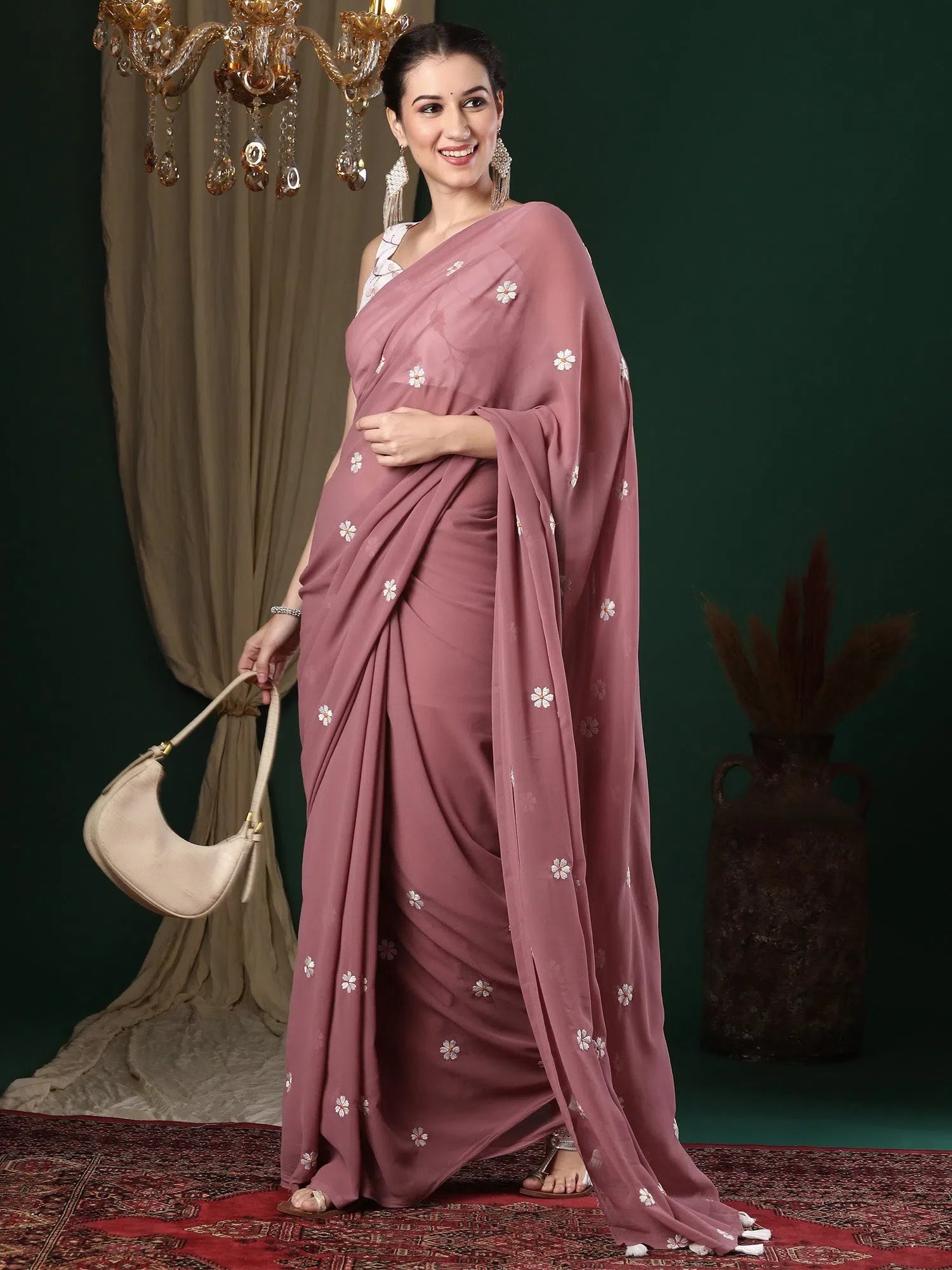 Embroidered Rose Gold Saree | Designer Sarees India