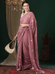 Women's Georgette Rose Gold Embroidered Designer Saree With Blouse Piece-25KAVI2505