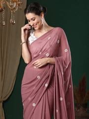 Women's Georgette Rose Gold Embroidered Designer Saree With Blouse Piece-25KAVI2505