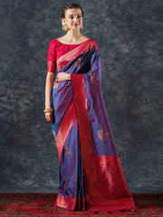 Women's Blend Teal Blue Woven Design Designer Saree With Blouse Piece-24PAKHI2411