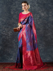 Women's Blend Teal Blue Woven Design Designer Saree With Blouse Piece-24PAKHI2411