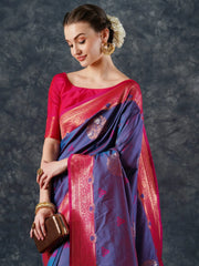 Women's Blend Teal Blue Woven Design Designer Saree With Blouse Piece-24PAKHI2411
