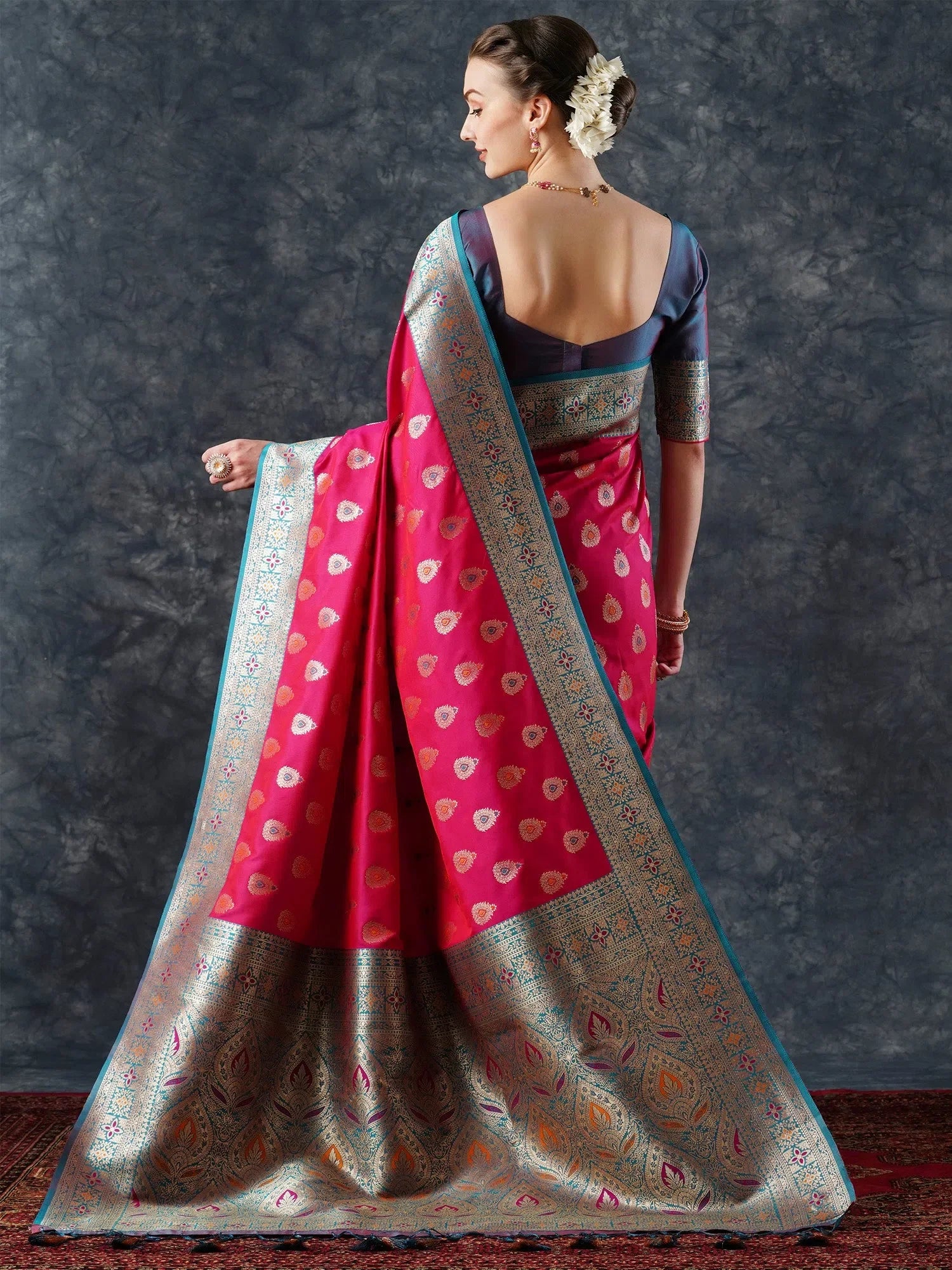 Pink Polyester Saree With Blouse | Banarasi Design