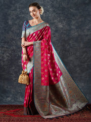 Women's Blend Blue Woven Design Designer Saree With Blouse Piece-25PAKHI2507