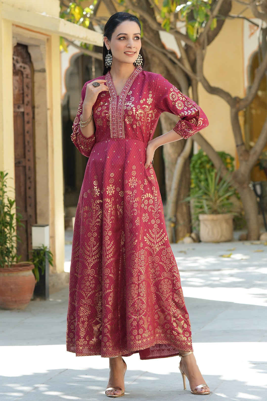 Maroon Ethnic Motif Printed Rayon Anarkali Dress | DesiQlo