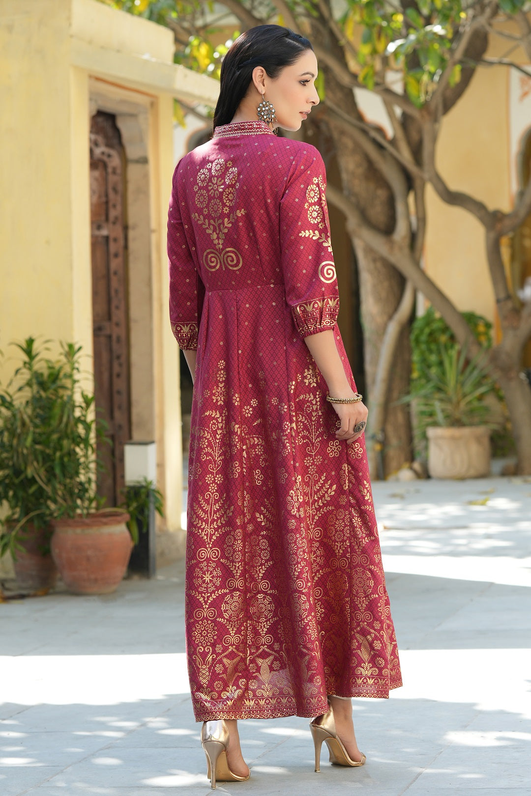 Maroon Ethnic Motif Printed Rayon Anarkali Dress | DesiQlo