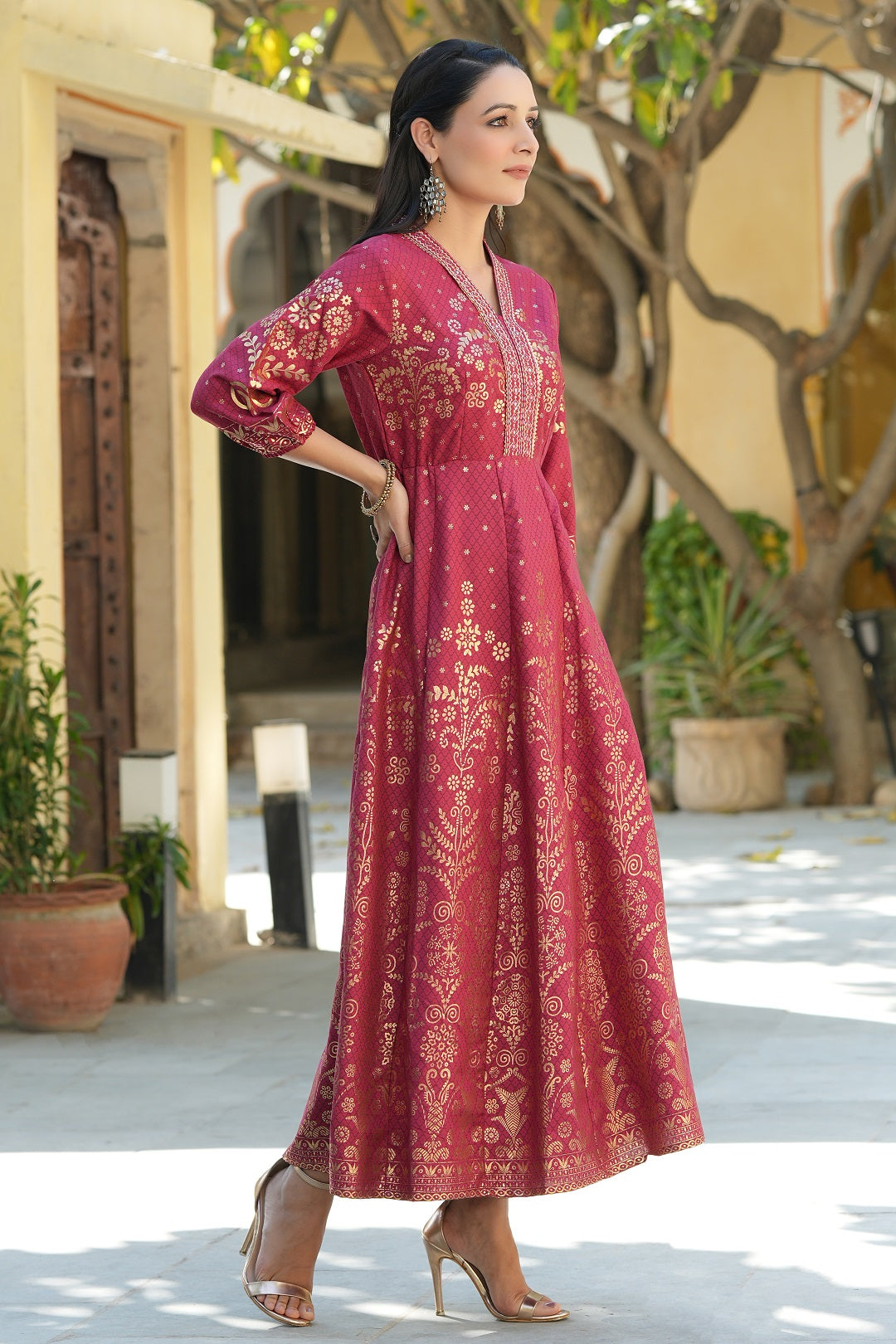 Maroon Ethnic Motif Printed Rayon Anarkali Dress | DesiQlo