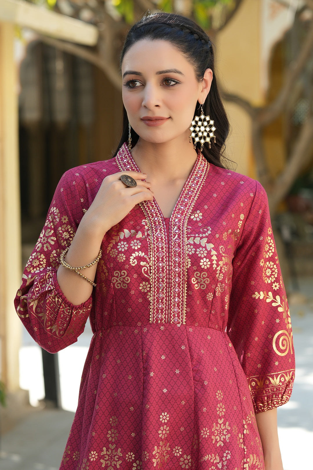 Maroon Ethnic Motif Printed Rayon Anarkali Dress | DesiQlo