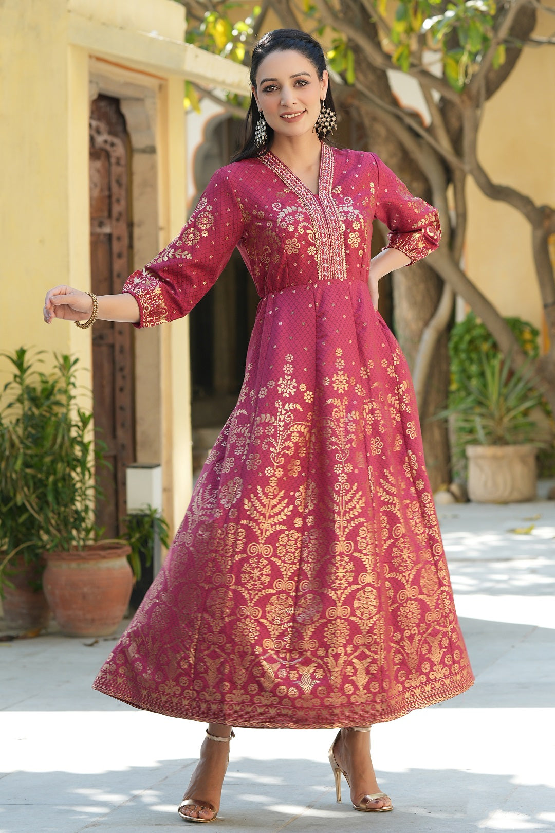 Maroon Ethnic Motif Printed Rayon Anarkali Dress | DesiQlo