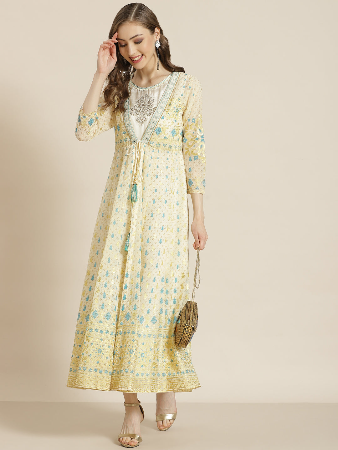 Ivory Ethnic Motif Printed & Embroidered Georgette Layered Maxi Dress 