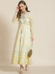 Juniper Ivory Ethnic Motif Printed & Embroidered Georgette Layered Maxi Dress