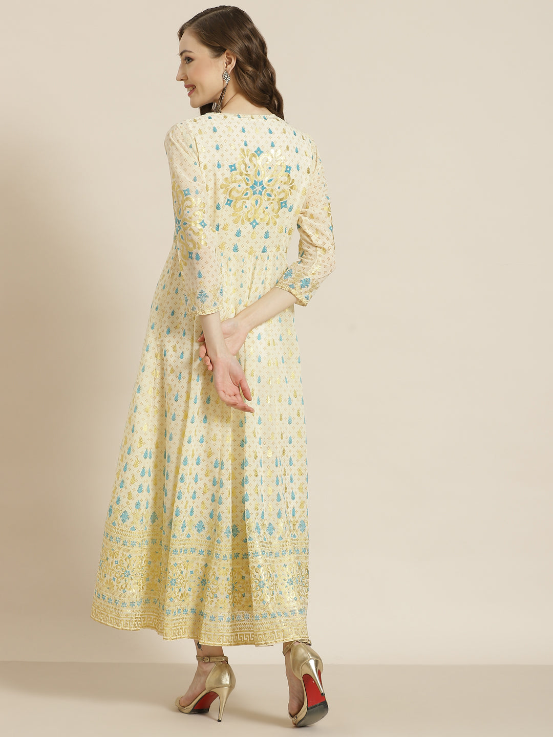 Ivory Ethnic Motif Printed & Embroidered Georgette Layered Maxi Dress 