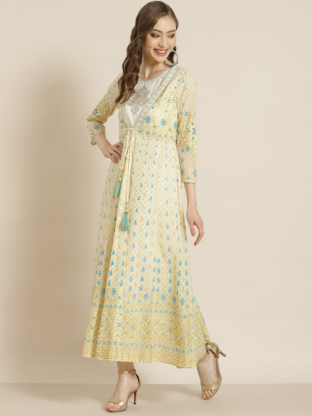 Ivory Ethnic Motif Printed & Embroidered Georgette Layered Maxi Dress 