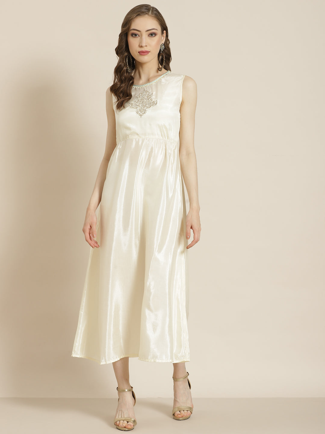 Ivory Ethnic Motif Printed & Embroidered Georgette Layered Maxi Dress 