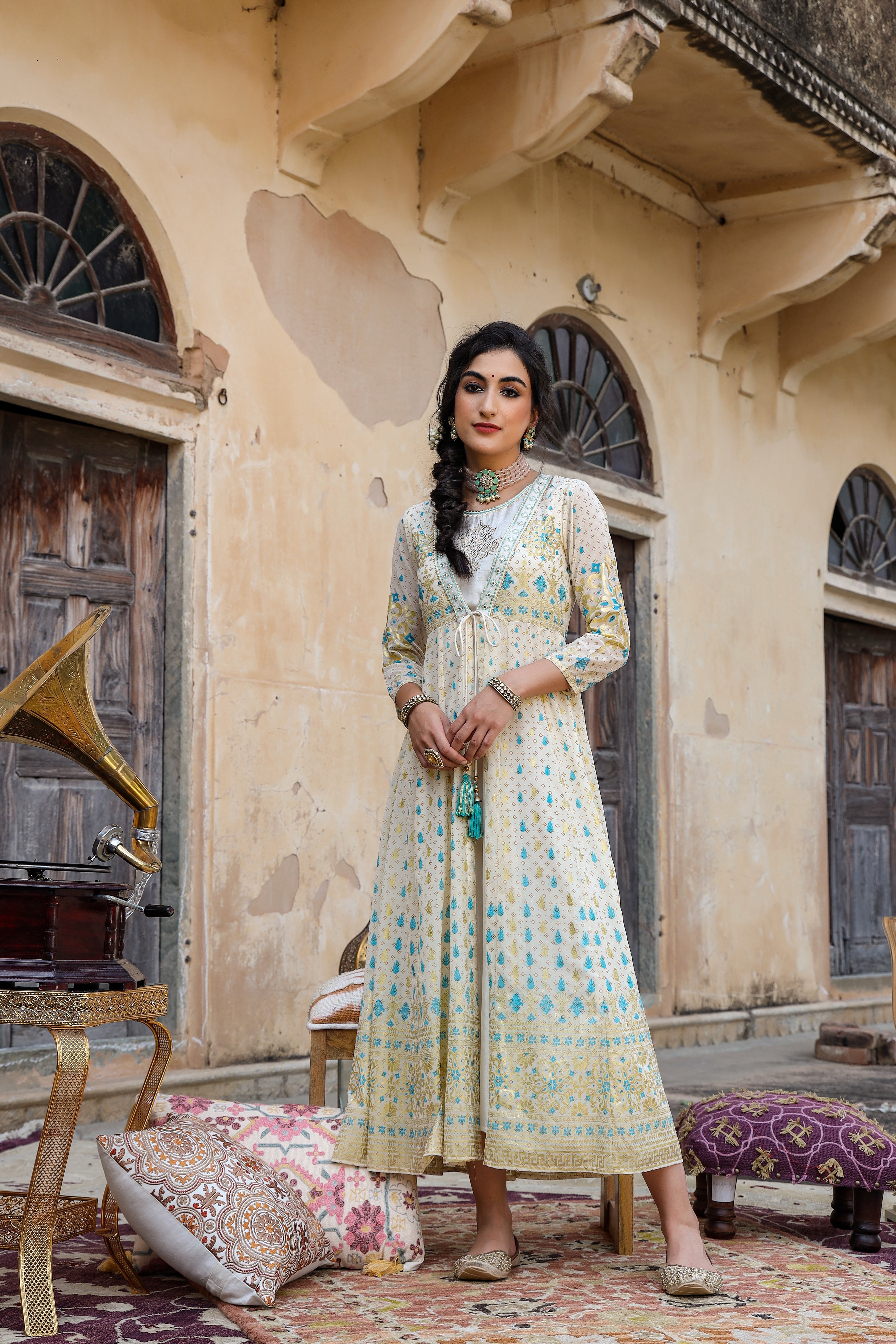 Ivory Ethnic Motif Printed & Embroidered Georgette Layered Maxi Dress 