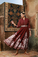 Juniper Wine Ethnic Motif Printed Georgette Flared Maxi Dress.