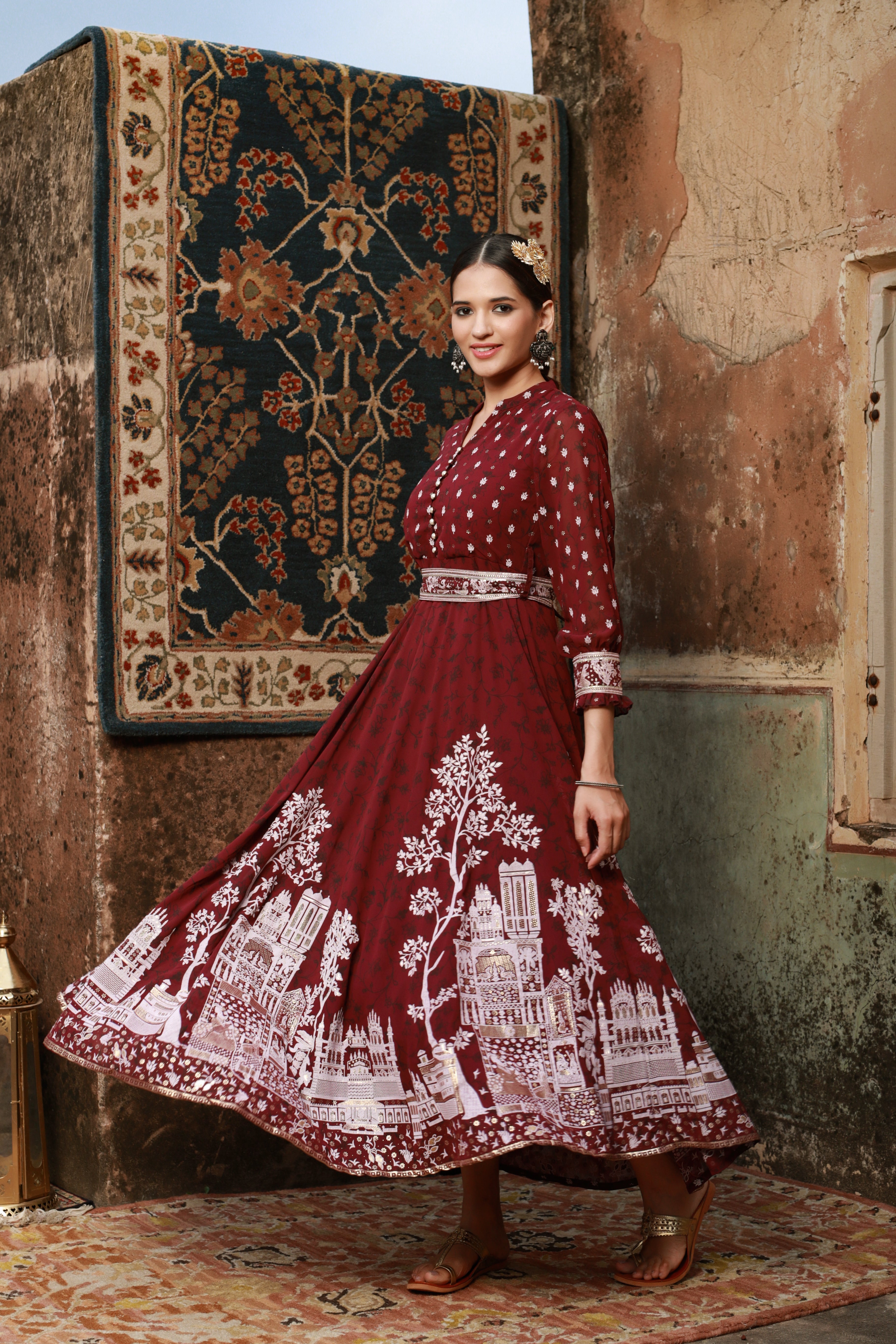 Wine Ethnic Motif Printed Georgette Flared Maxi Dress | DesiQlo