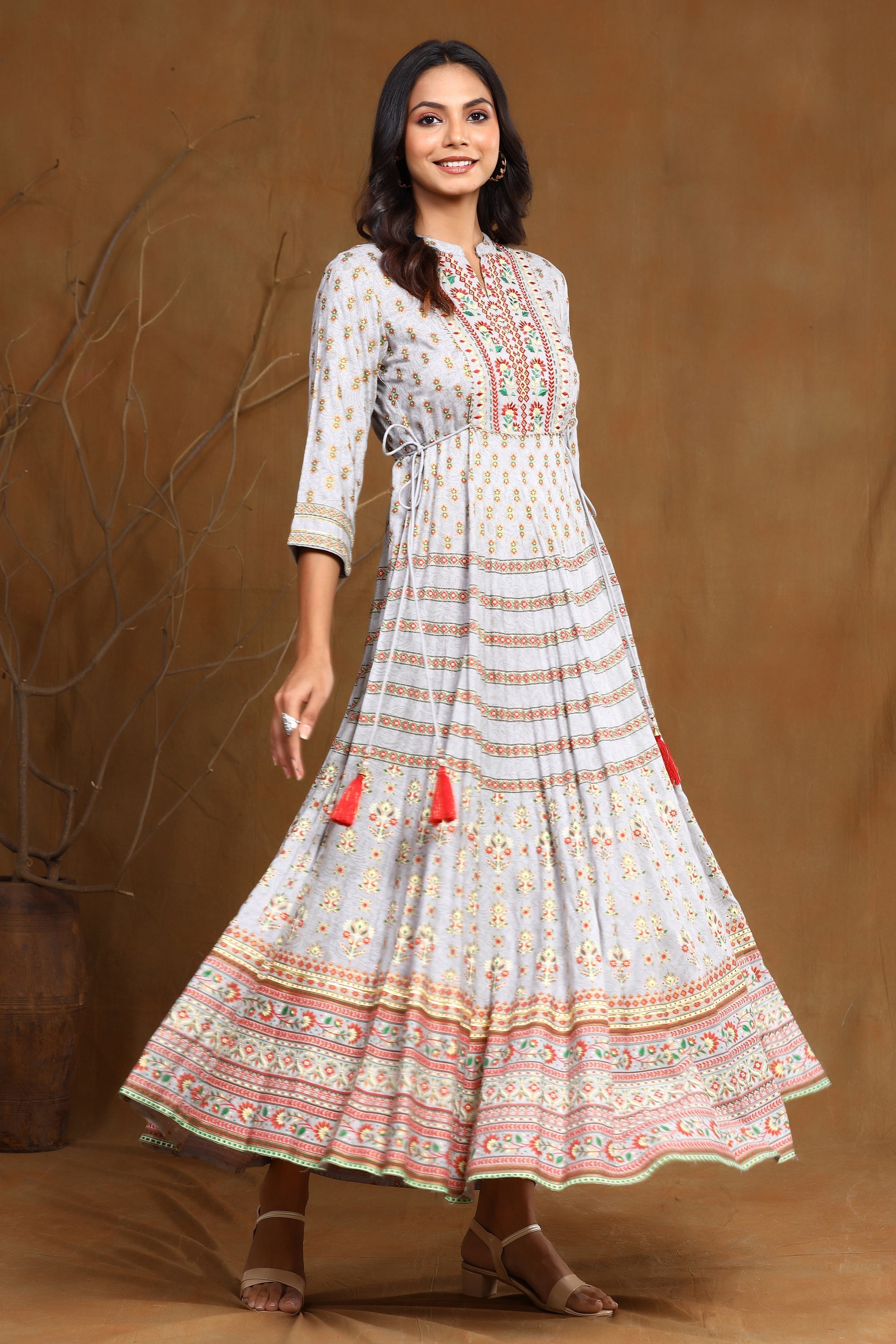 Grey Ethnic Motif Printed & Embroidered Rayon Maxi Dress | DesiQlo