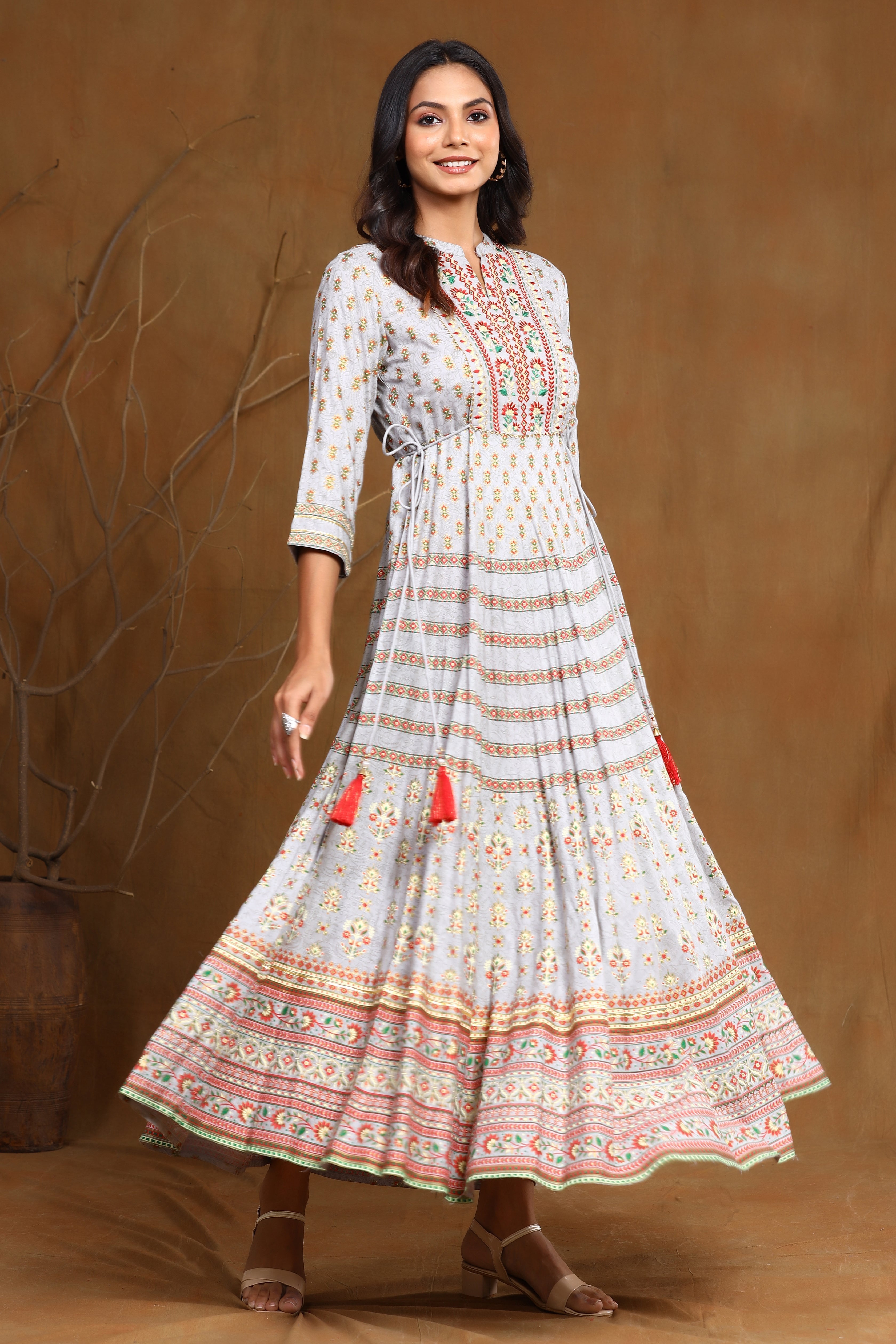 Grey Ethnic Motif Printed & Embroidered Rayon Maxi Dress | DesiQlo
