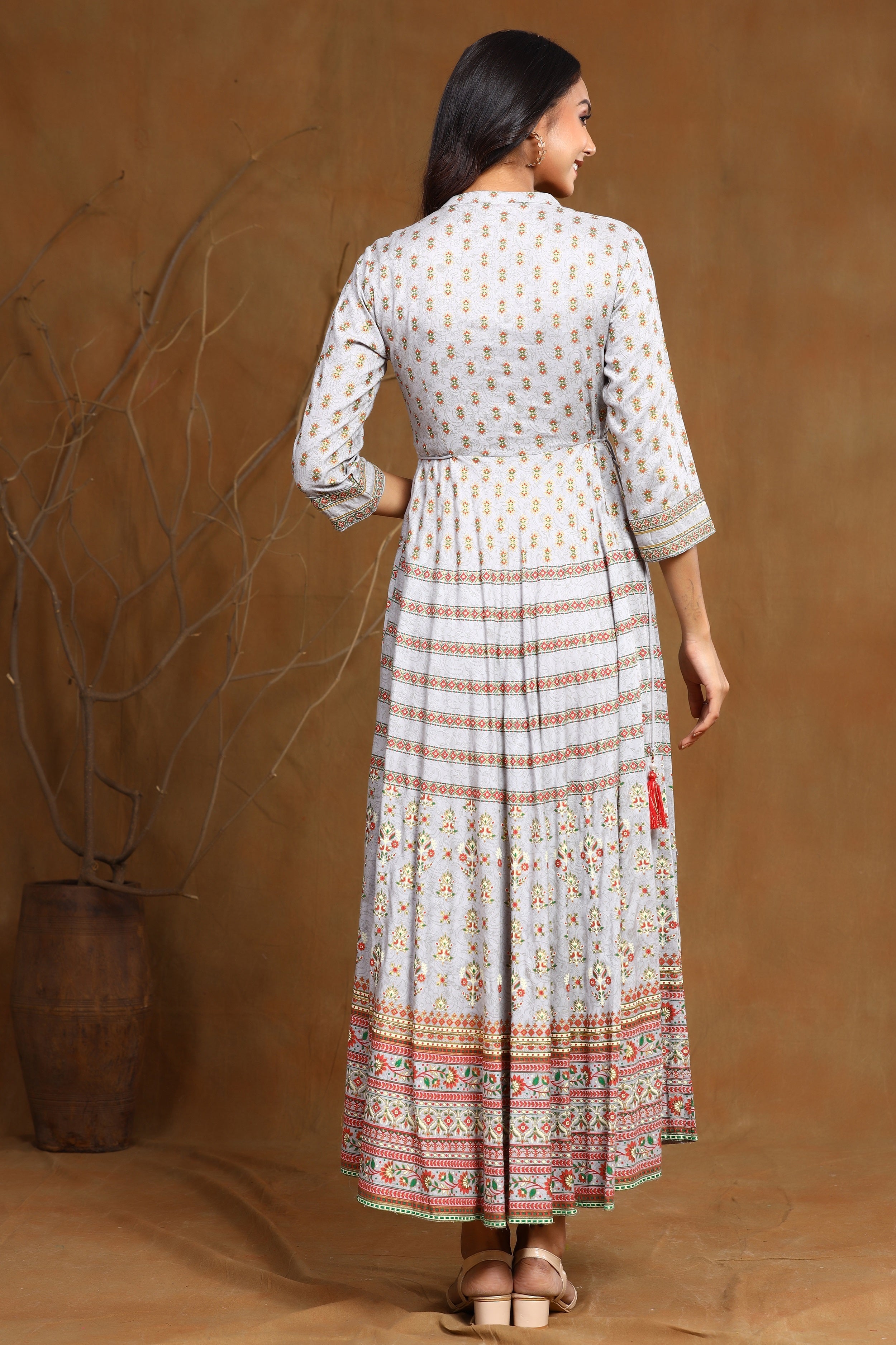 Grey Ethnic Motif Printed & Embroidered Rayon Maxi Dress | DesiQlo