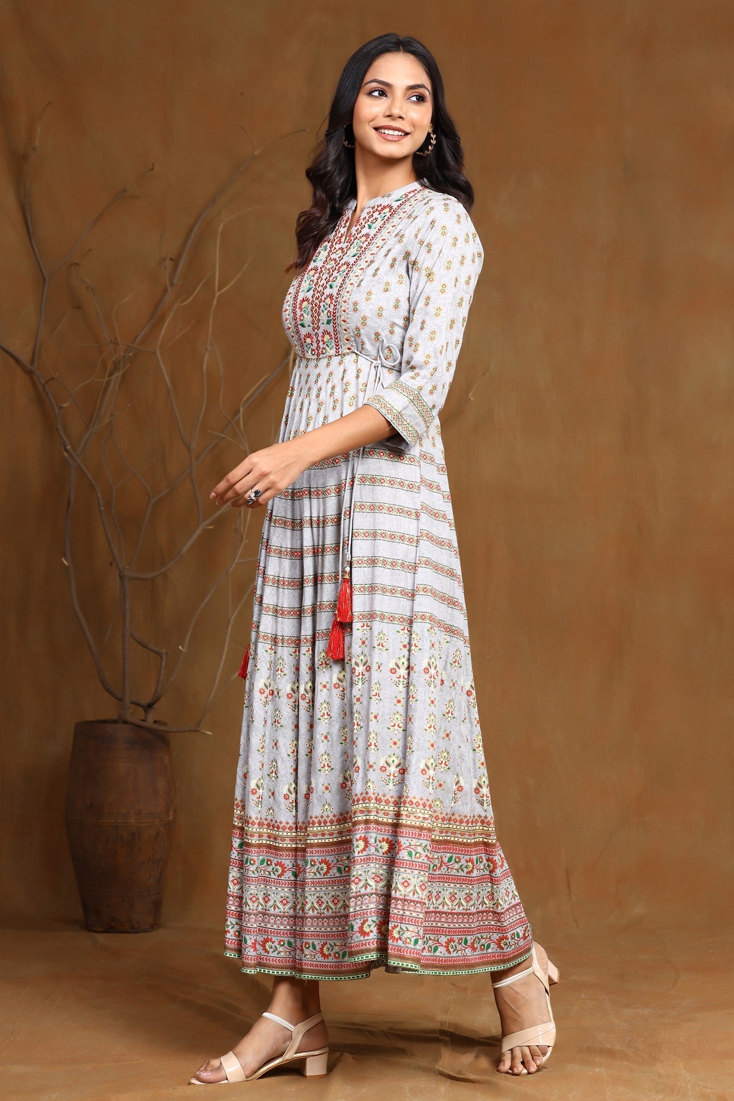 Grey Ethnic Motif Printed & Embroidered Rayon Maxi Dress | DesiQlo