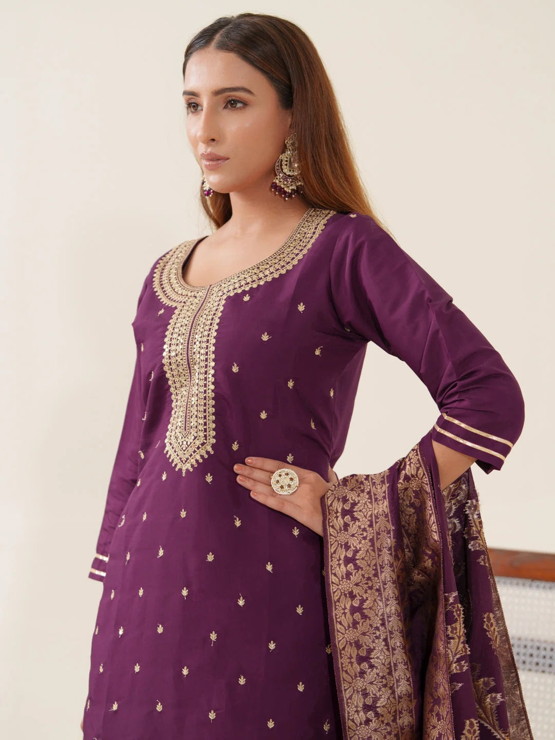 Wine Colour Roman Silk Top Bottom With Jequard Dupatta Set