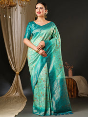 Women's Kanjeevaram  Blue Woven Design Celebrity Saree With Blouse Piece-26ALEKHA2602