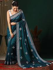 Women's Art Teal Blue Embroidered Designer Saree With Blouse Piece-26KAVI2601