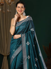Women's Art Teal Blue Embroidered Designer Saree With Blouse Piece-26KAVI2601
