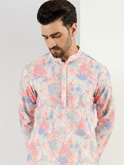Ethnic Bay Men Off White Viscose Rayon Abstract Embroidered Straight Kurta With Pant Set-MKSET1082