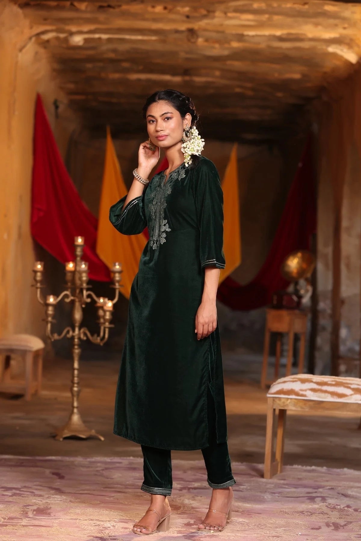 Jade Green Velvet Embroidered Indian Kurta Set for Women